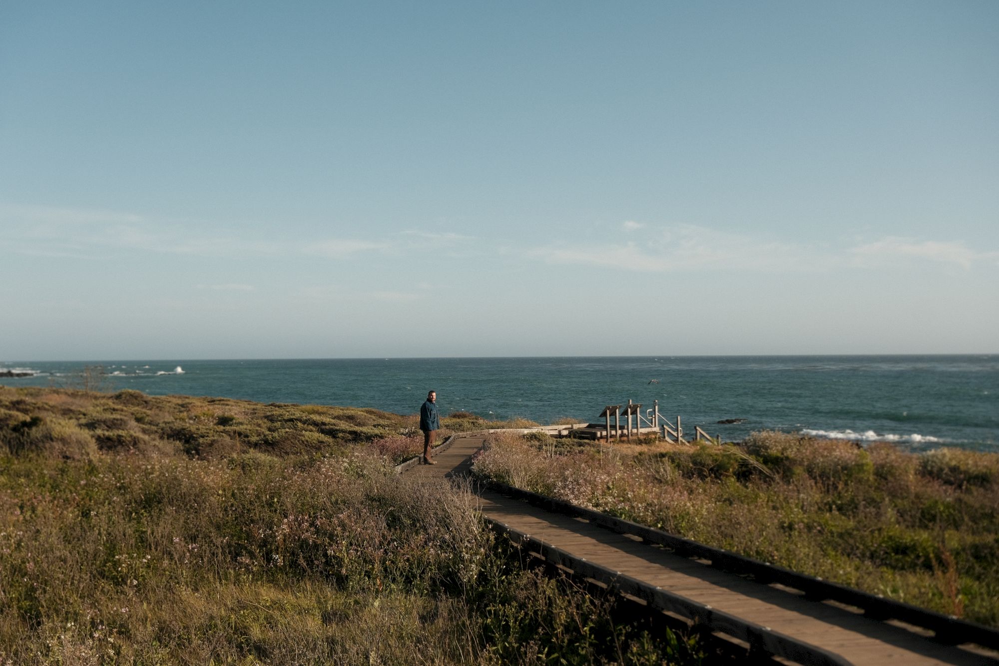 A coastal scene with a dirt path through dry scrub toward the ocean, a lone person walking by the water, and a small wooden platform near the shore.