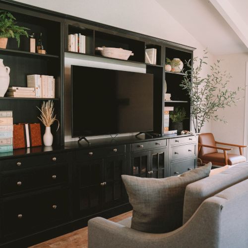 A dark built-in cabinet wall with shelves around a central TV, filled with books, plants, and decor, in a bright living room with a gray sofa.