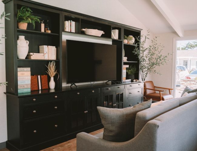 A dark built-in cabinet wall with shelves around a central TV, filled with books, plants, and decor, in a bright living room with a gray sofa.