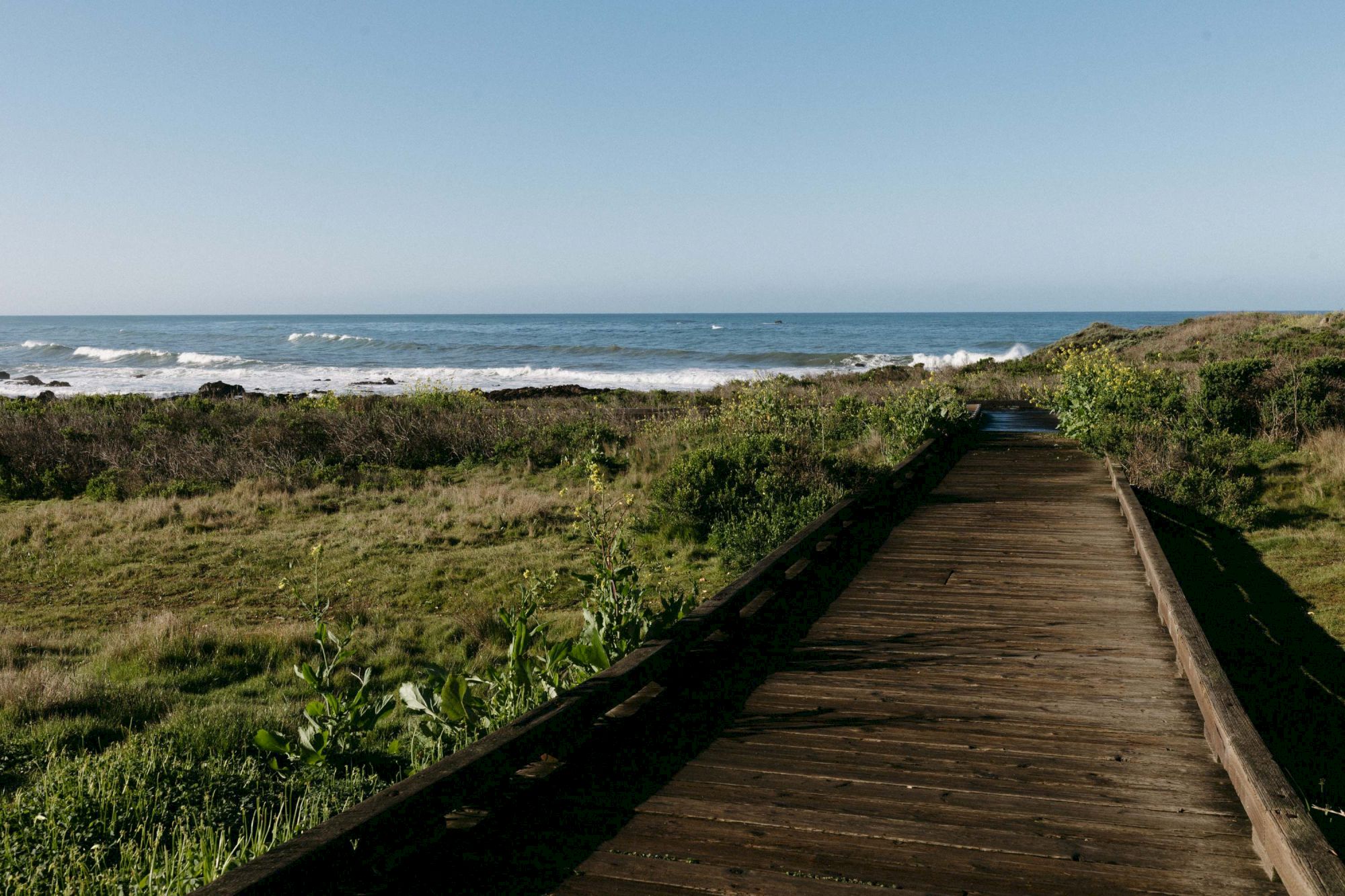 A wooden boardwalk winds through grassy dunes toward the ocean, with blue sky, waves, and distant horizon. End.